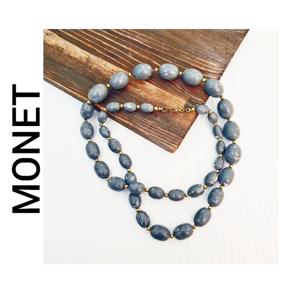 Monet Jewelry - Monet Variegated Gray and Goldtone Bead Necklace Signed